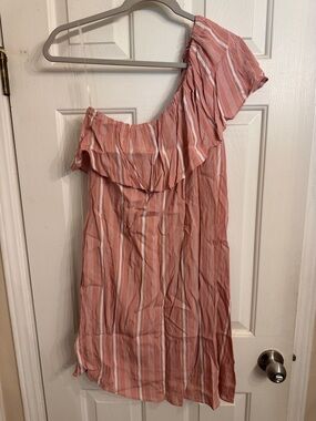 Le Kate One-Shoulder Striped Dress in Dusty Rose & White